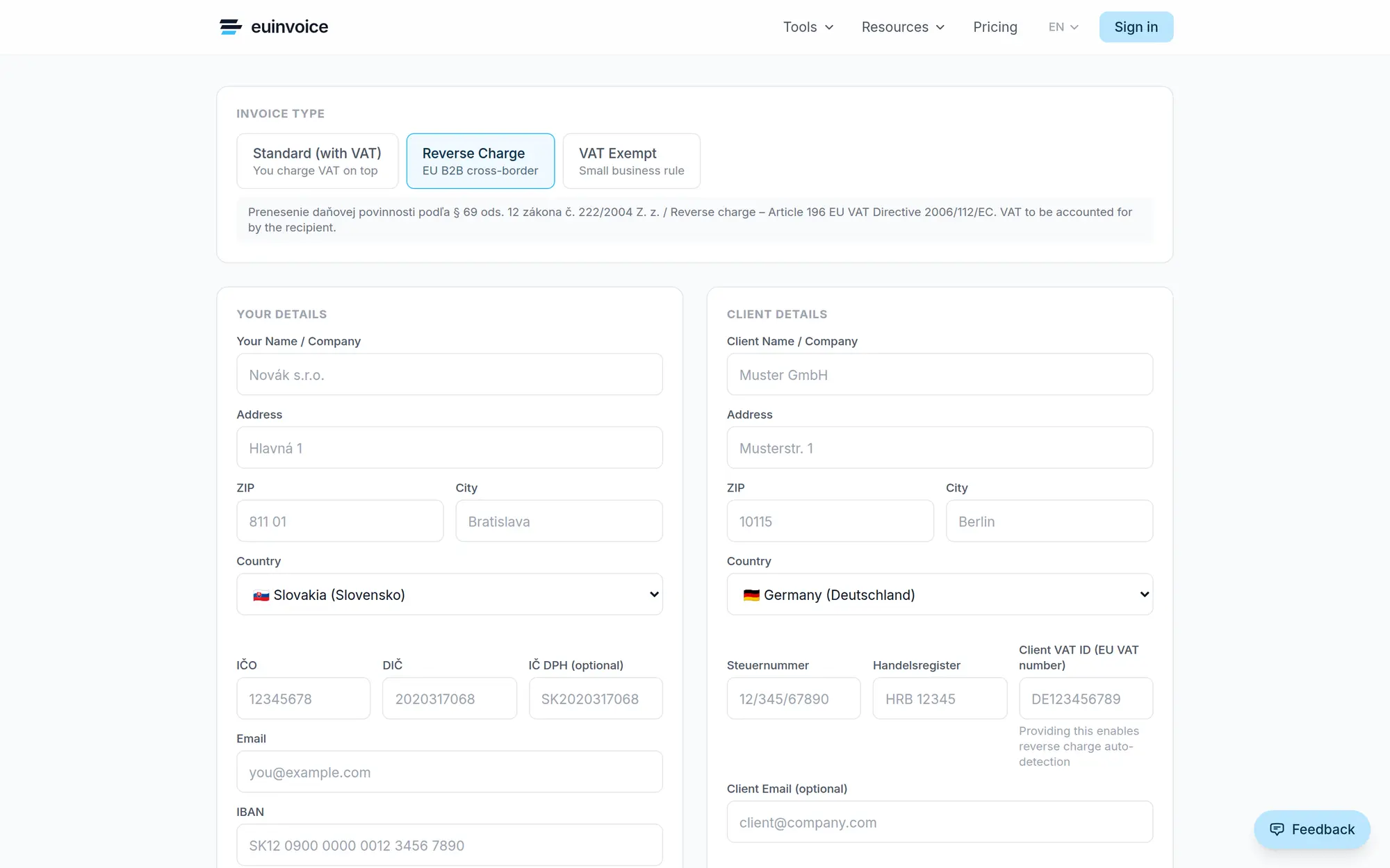 The invoice editor: reverse charge selected, with Slovak tax fields for the supplier and German ones for the client