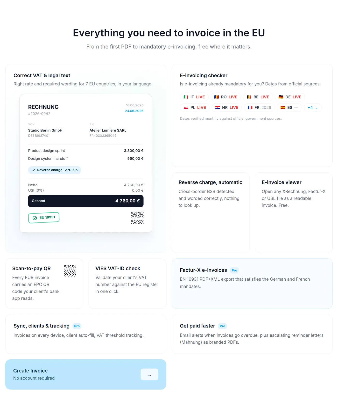 Feature overview: correct VAT and legal text, e-invoicing checker, automatic reverse charge, e-invoice viewer, scan-to-pay QR, VIES VAT-ID check, Factur-X e-invoices, sync and payment reminders