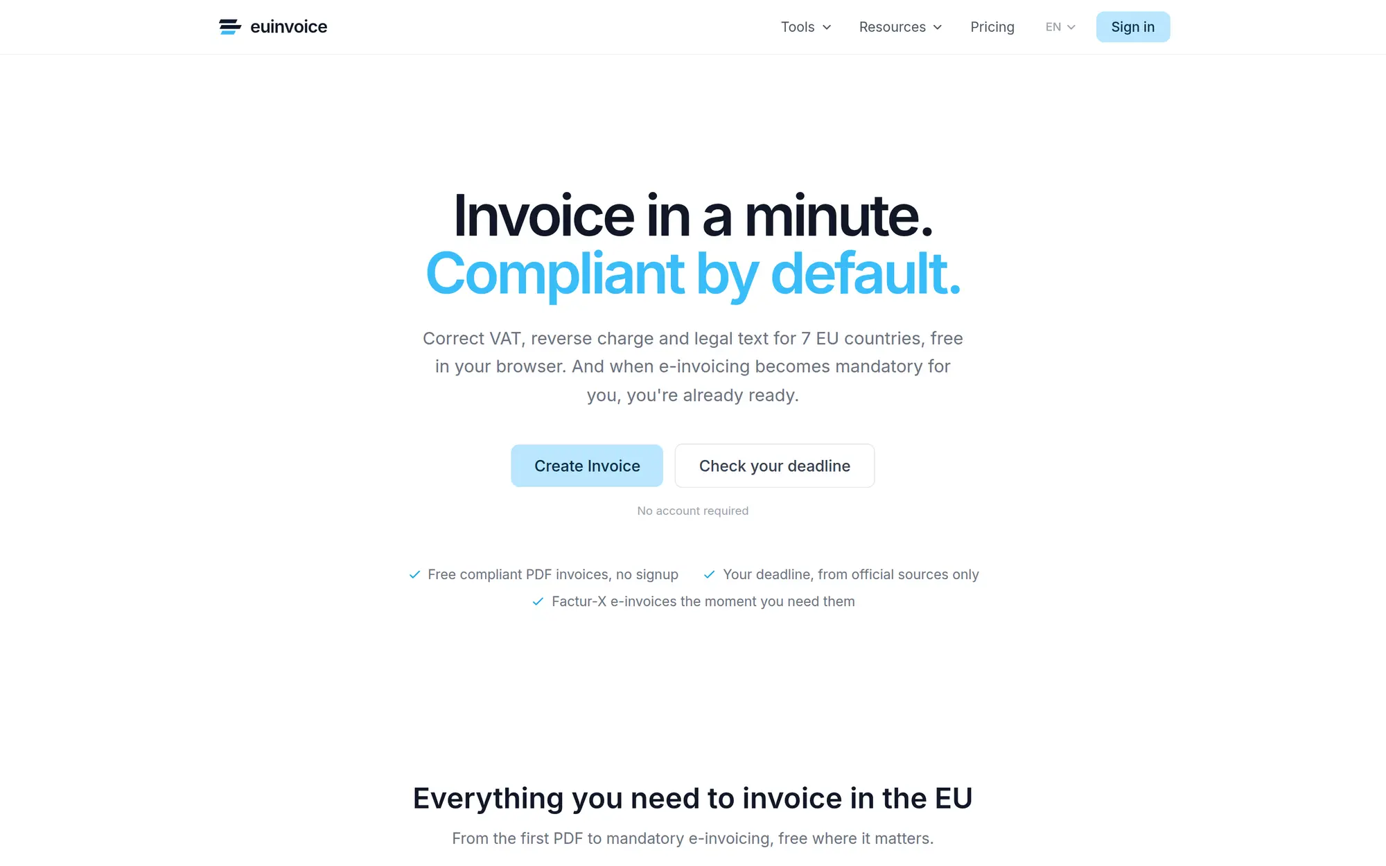 The euinvoice.app home page: Invoice in a minute. Compliant by default.