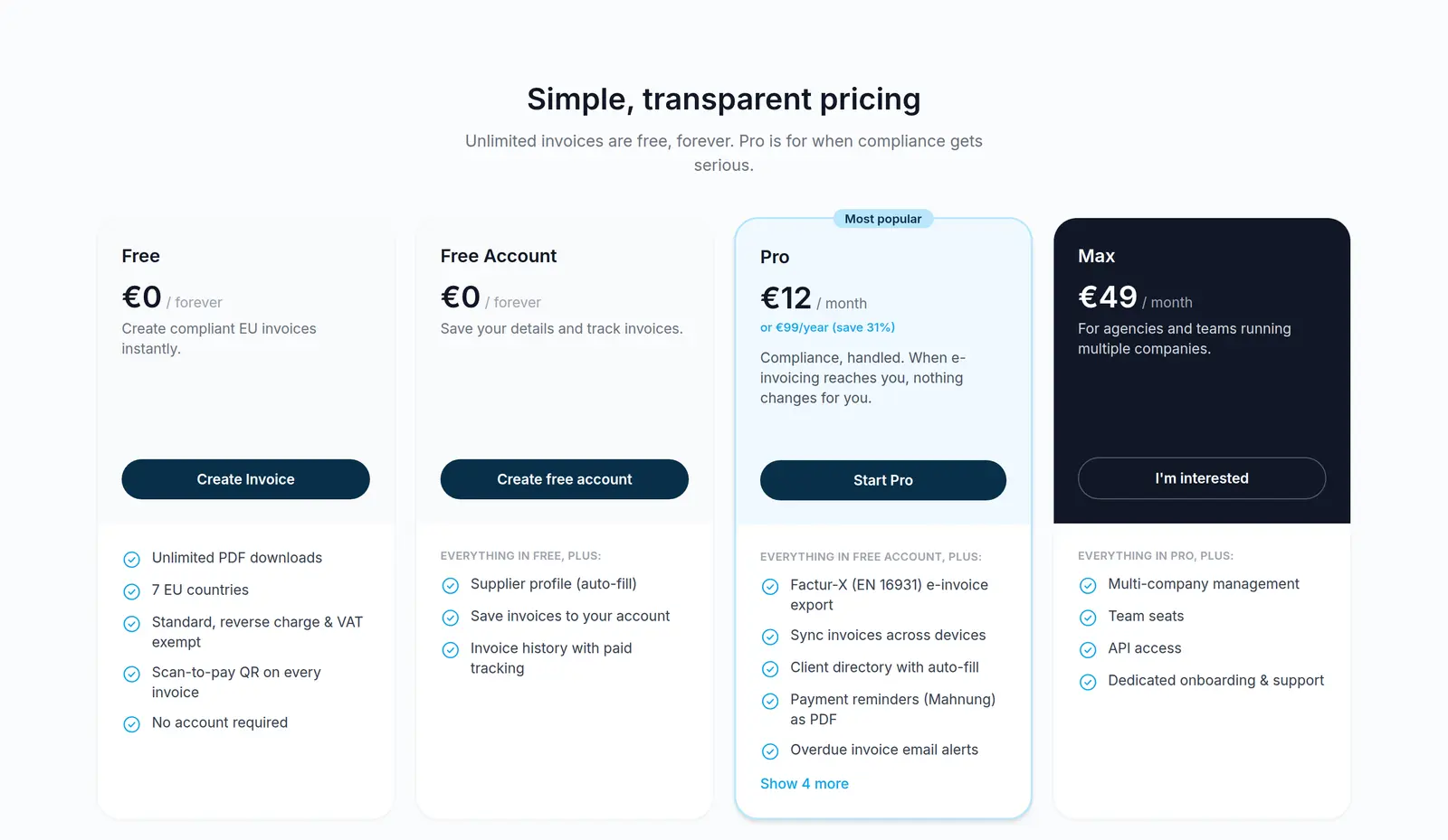 Pricing: Free, Free Account, Pro at €12 per month or €99 per year, Max at €49 per month