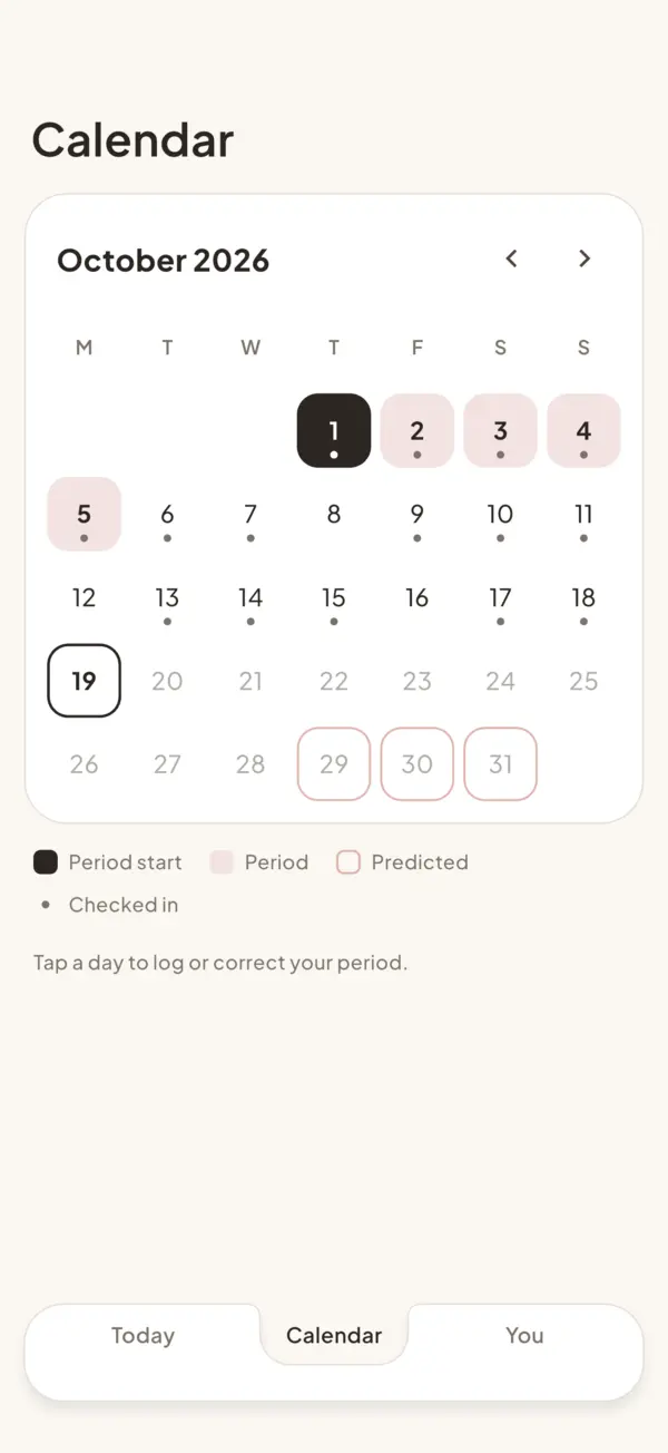 sCycle calendar: logged periods, predicted days and check-ins for October