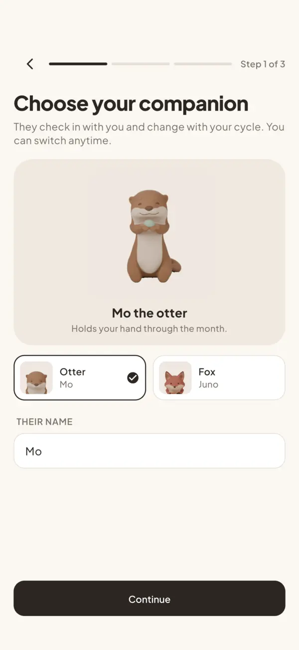 Choosing a companion during onboarding: Mo the otter or Juno the fox, with a name