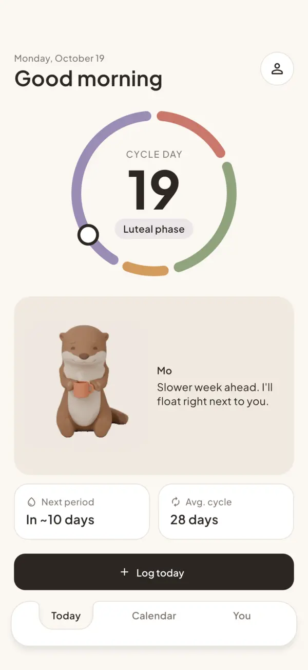 sCycle Today screen: cycle day 19 on a ring, the luteal phase, Mo with a line for the day, next period and average cycle